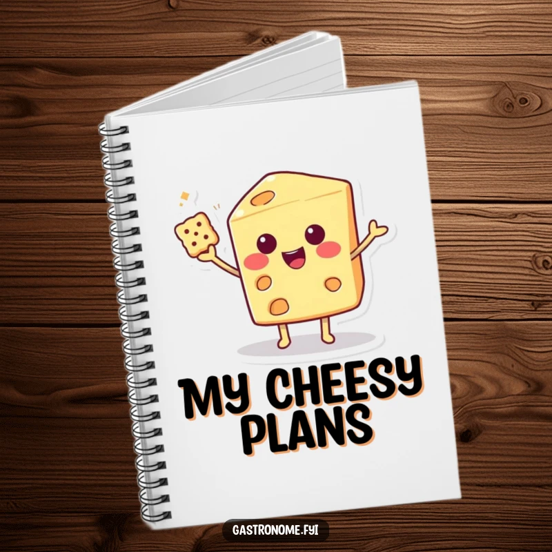 Funny Notebook with a smiling cheese wedge character balancing a cracker with flair, ideal for writing and humor.