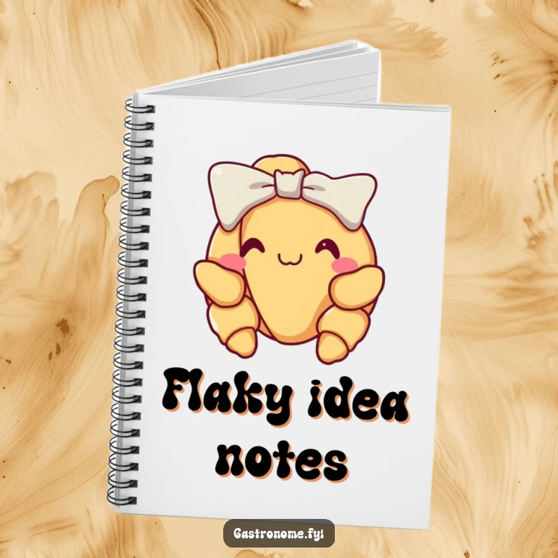 Funny croissant notebook featuring a delighted croissant performing a proud little bow, ideal for elegant notes and writings.