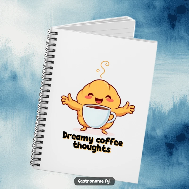 Funny Notebook featuring a happy croissant character embracing a steaming coffee cup. Great for notes and journaling.
