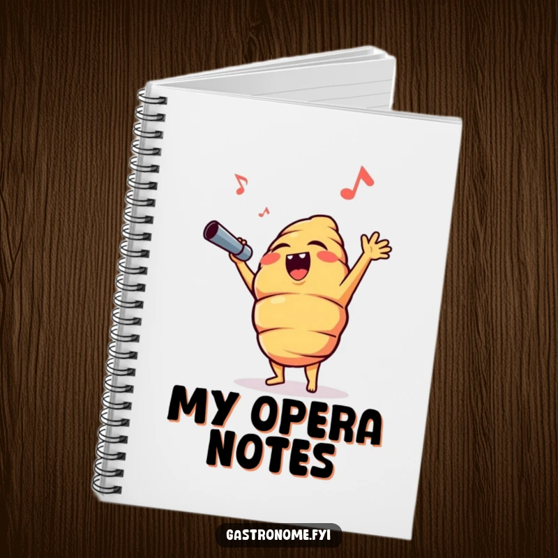 Funny croissant character singing opera, depicted on the cover of a notebook, ideal for jotting down humorous thoughts or ideas.