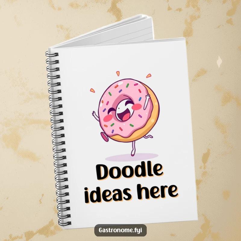 Funny notebook cover with a giggling donut character adorned with sprinkles, performing a cartwheel, ready for your notes.