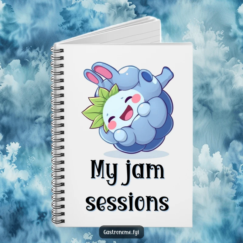 Funny giggling blueberry notebook, a journal featuring a playful fruit character doing a somersault, perfect for humorous note-taking.