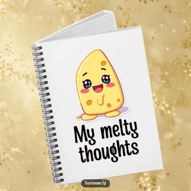 Funny notebook with a happy cheese character melting, ideal for recipes and cheesy thoughts.