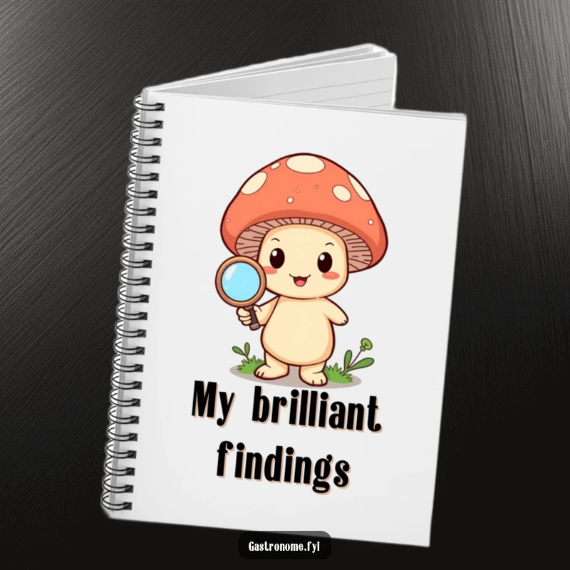 Funny happy mushroom character holding a magnifying glass on a notebook cover, inspiring curious and detailed note-taking.