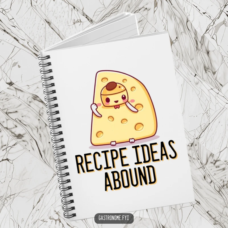 Funny notebook with a proud cheese wedge character holding a small pastry on the cover, perfect for recipes and notes.