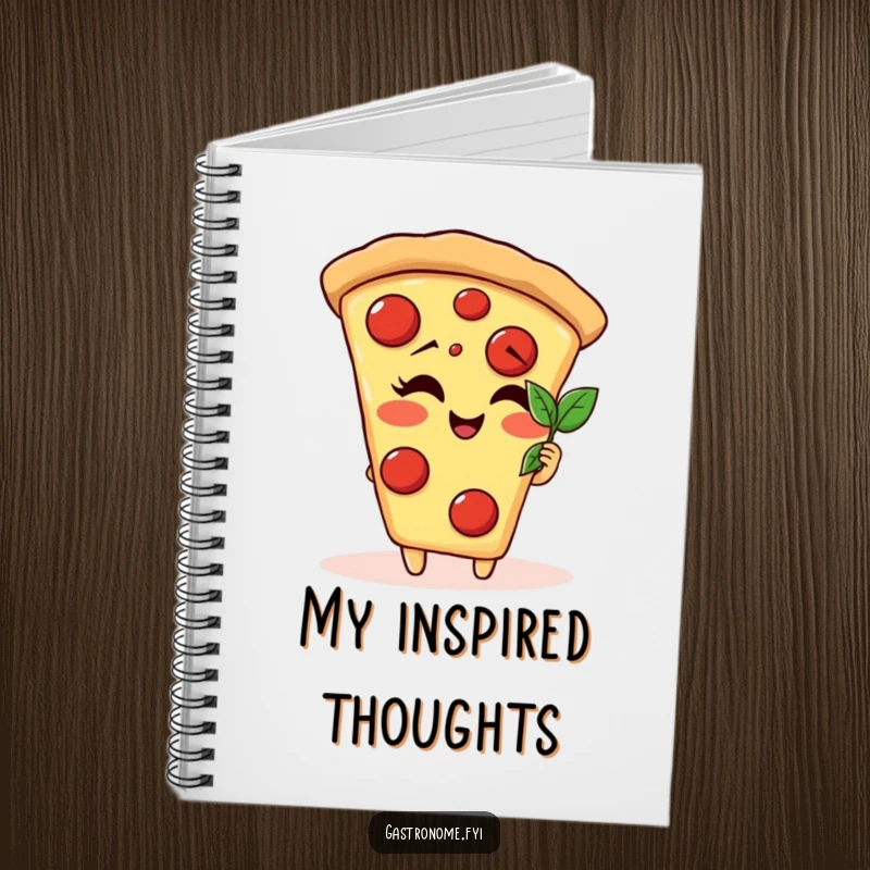 Funny giggling pizza slice character notebook admiring a tiny basil leaf, perfect for jotting down thoughts with charm.