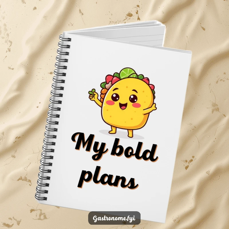 Funny cheerful taco character notebook striking a sassy pose with a tiny lime wedge, ideal for capturing thoughts with flair.