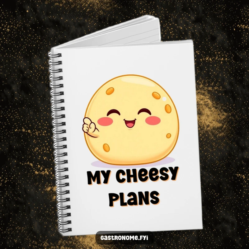 Funny smiling cheese ball notebook, a journal featuring a satisfied snack character giving a nod, perfect for cheesy, humorous note-taking.