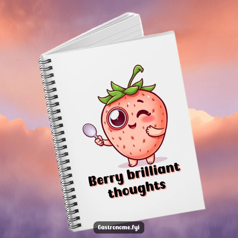 Funny Strawberry Notebook featuring a strawberry in a monocle holding a spoon, ideal for writing.
