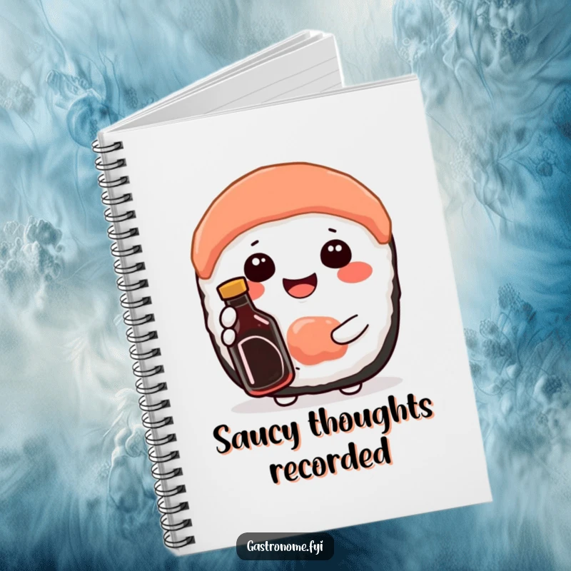 Funny notebook cover with a happy sushi character holding a miniature soy sauce bottle, ideal for food notes.