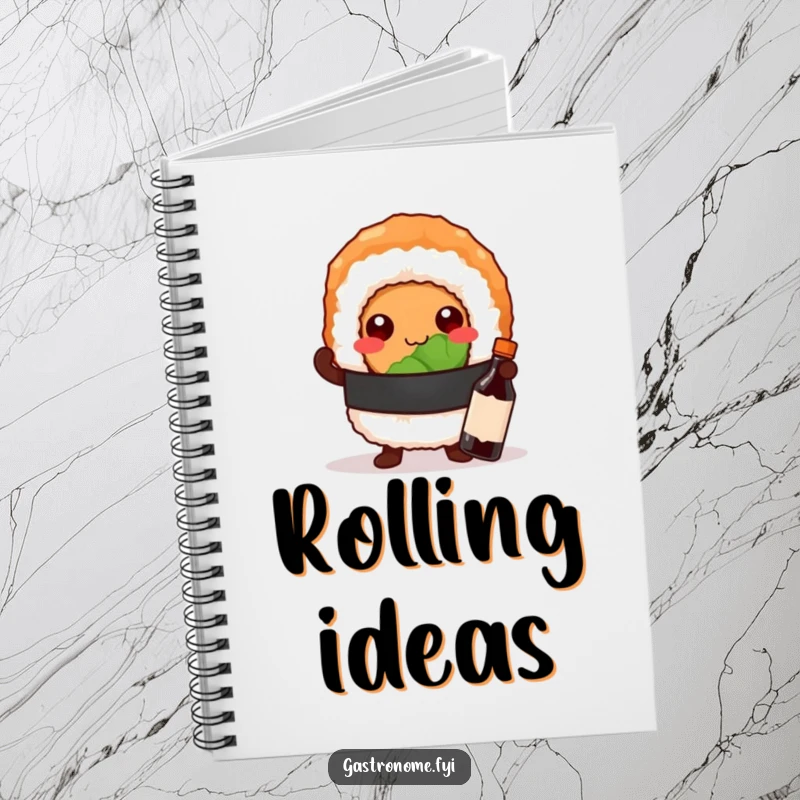 Funny notebook cover with a proud sushi roll character posing with a small soy sauce bottle, ready for your notes.