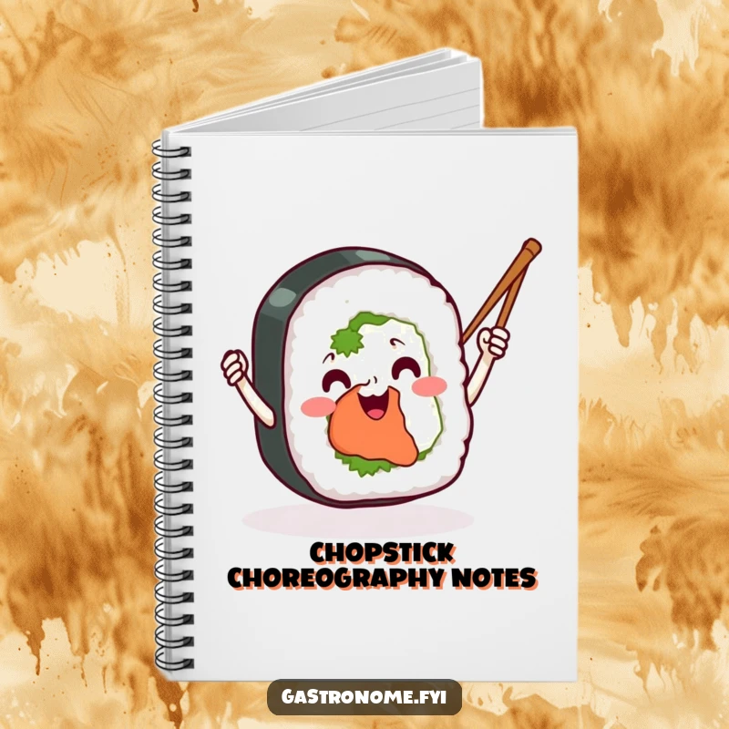 Funny sushi roll notebook featuring a beaming sushi character enthusiastically waving chopsticks like tiny batons, ideal for notes and creative thoughts.