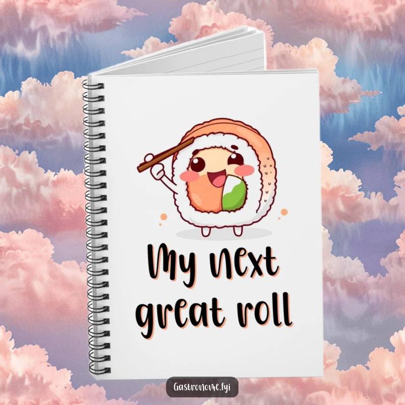 Funny Notebook with a joyful sushi roll character enthusiastically gesturing with chopsticks. Ideal for journaling and note-taking.