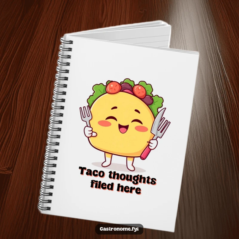 Funny Taco Notebook featuring a winking taco character with cutlery, ideal for writing.