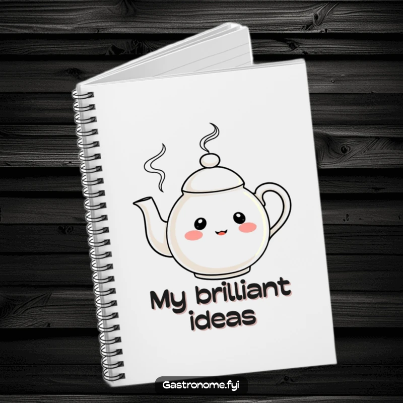 Funny Notebook with a curious teapot character and merrily swirling steam, ideal for writing and humor.