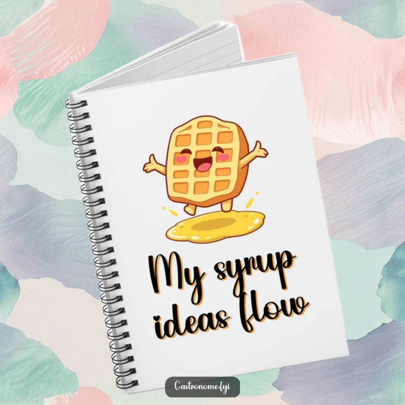 Funny notebook with a happy waffle character leaping over syrup, ideal for recipes and sweet thoughts.