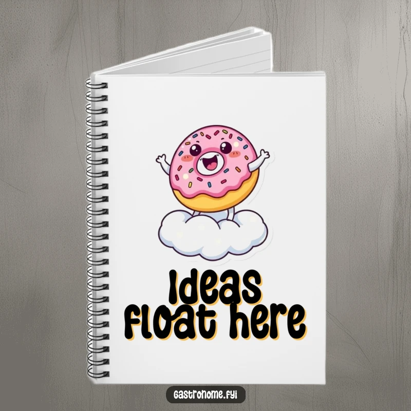 Funny Notebook: A happy donut character with sprinkles bounces on a sugar cloud, perfect for jotting down funny and sweet ideas.