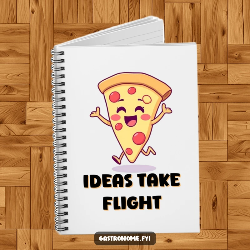Funny pizza slice notebook featuring a joyful pizza slice doing a happy little hop, ideal for notes and creative ideas.