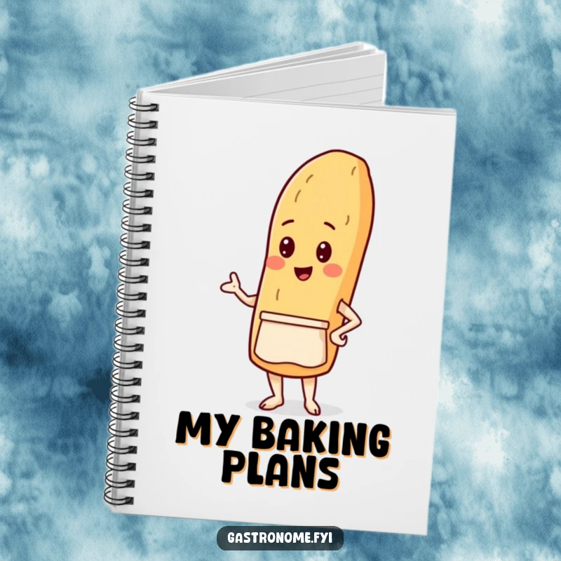 Funny notebook featuring a proud baguette character in a tiny apron, perfect for jotting down recipes or daily thoughts with a smile.