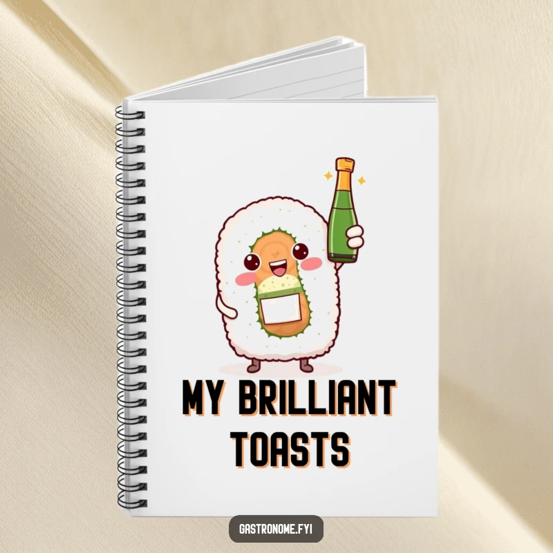 Funny notebook featuring a sushi roll character presenting a small bottle of sparkling wine, perfect for jotting notes and plans.