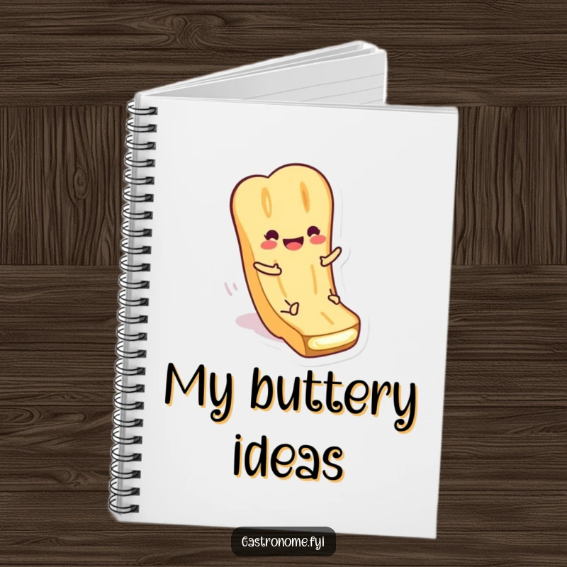 Funny Notebook featuring a smiling baguette character sliding down butter. Great for notes and journaling.