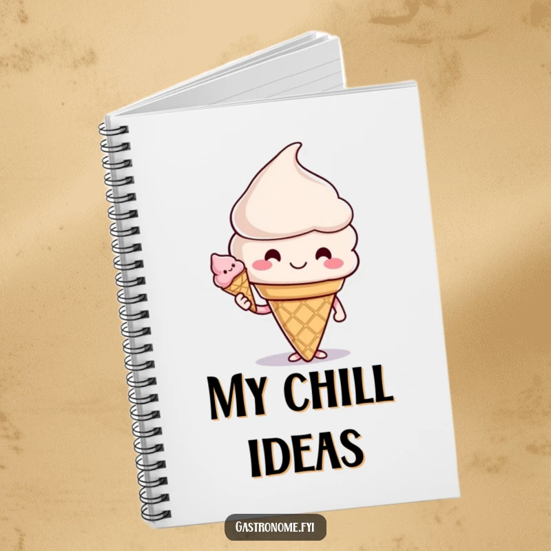 Funny notebook featuring a smiling ice cream cone character offering a cone, perfect for jotting down sweet thoughts with a cheerful vibe.