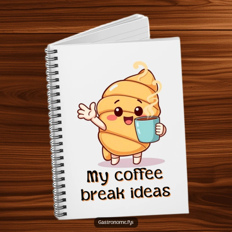 Funny notebook with a cheerful croissant character gesturing towards a steaming cup, perfect for morning notes.