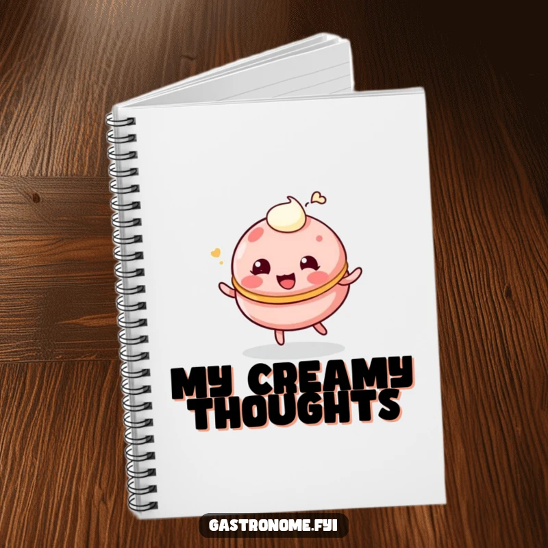 Funny notebook with a giggling, bouncing macaroon character and a cream dollop, ideal for notes.