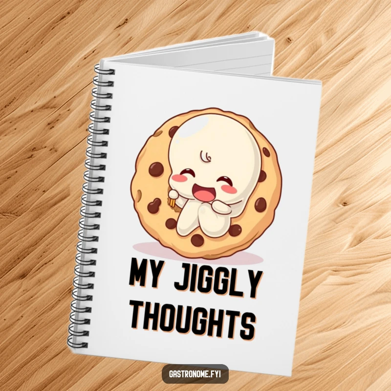 Funny wobbly jelly character taking a bite out of a giant cookie on the cover of a notebook, ideal for humorous note-taking.