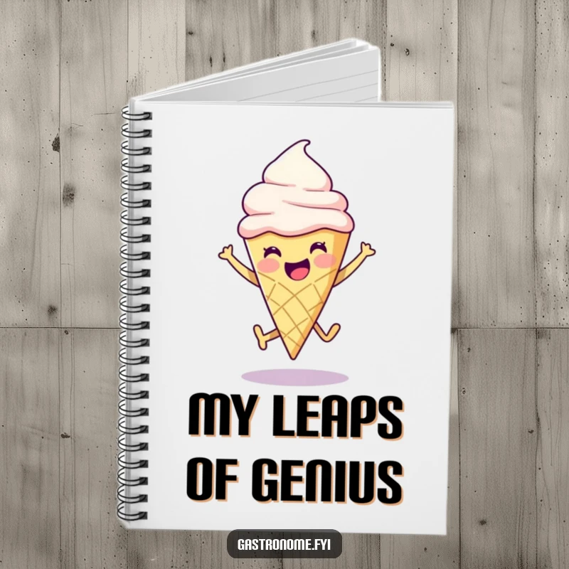 Funny ice cream cone character in a playful leap on a notebook cover, inspiring joyful note-taking.