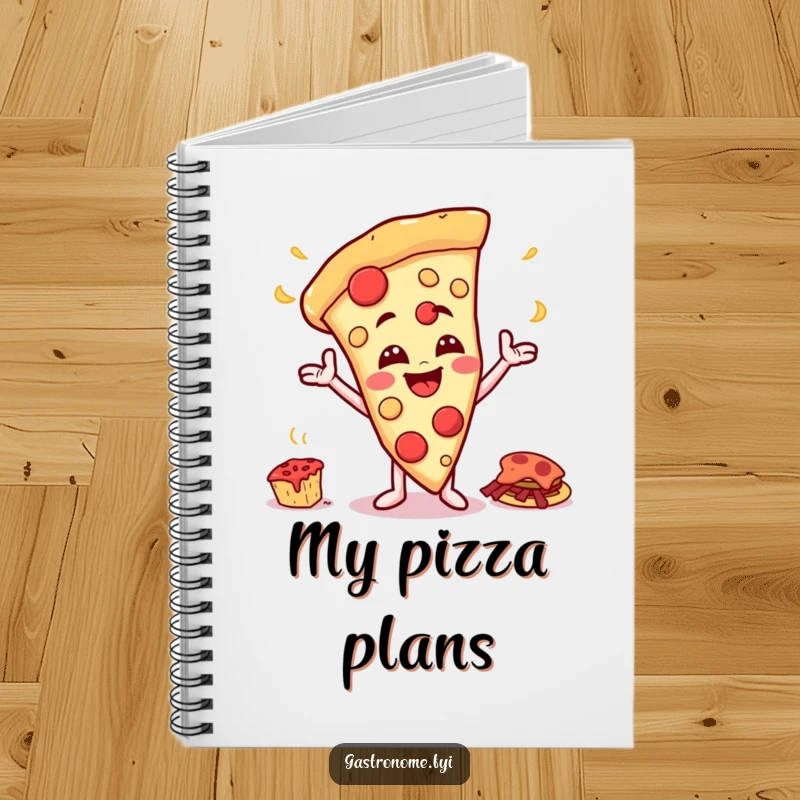 Funny notebook cover with a happy pizza slice character with a cheesy grin gesturing towards a giant feast, suitable for journaling humor.