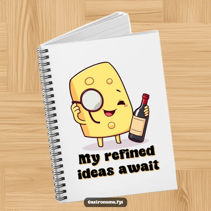 Funny notebook with a smiling cheese wedge character wearing a monocle, inspecting a miniature bottle of wine, ideal for note-taking.