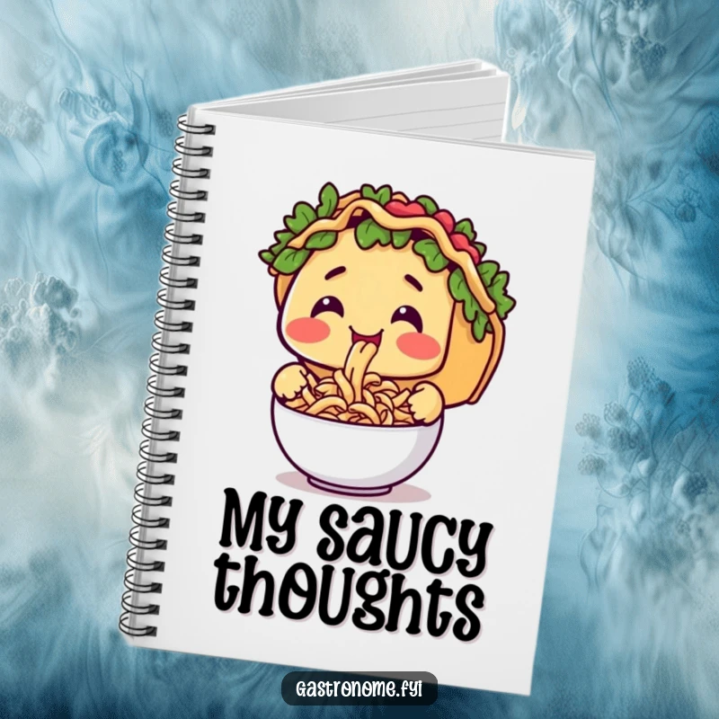 Funny notebook with a taco character happily slurping tiny pasta, perfect for jotting down culinary inspiration.