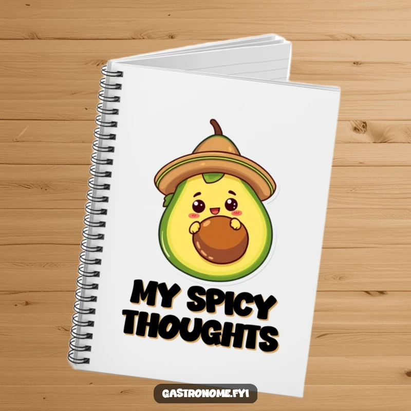 Funny Notebook featuring a curious taco character in a sombrero, peeking from behind a giant avocado. Great for notes and journaling.