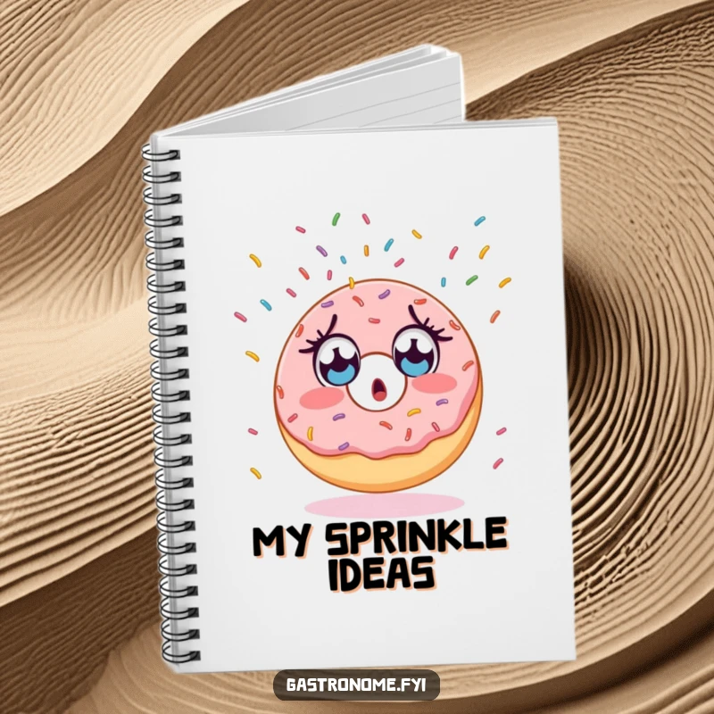 Funny notebook with a surprised donut character, wide-eyed, observing an endless cascade of sprinkles.