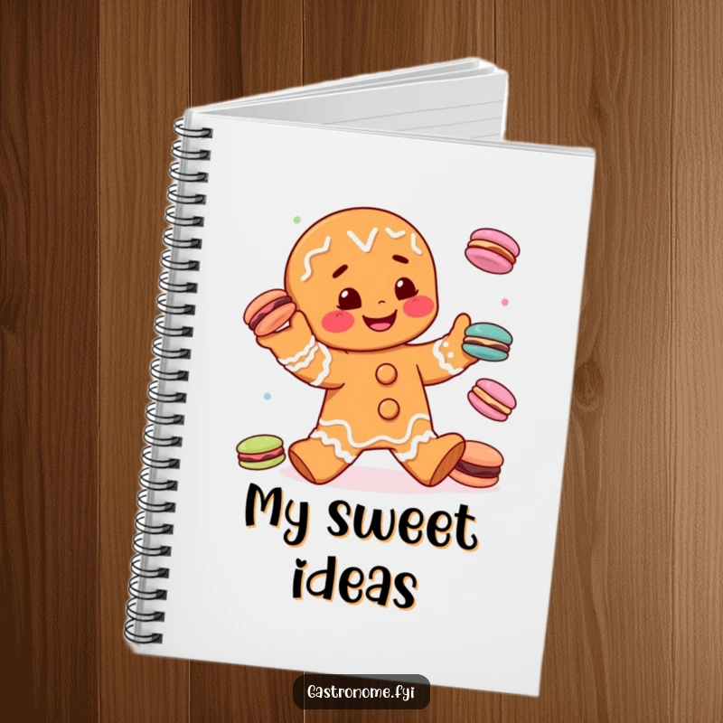 Funny gingerbread man character juggling miniature macarons on the cover of a notebook, ideal for jotting down sweet ideas humorously.