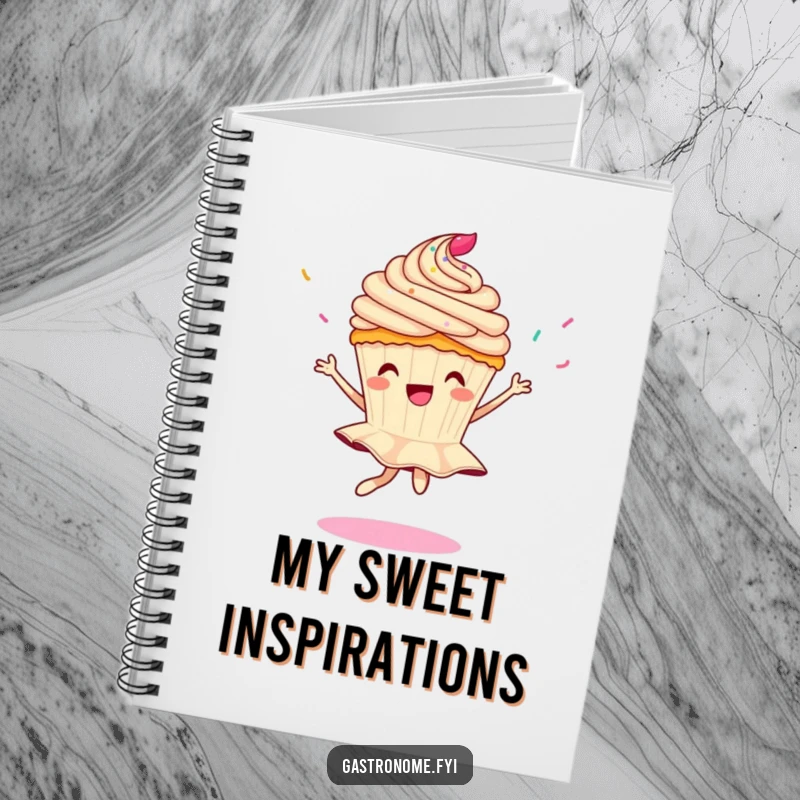 Funny notebook with a cupcake character performing a pirouette with falling sprinkles, perfect for jotting down sweet ideas.