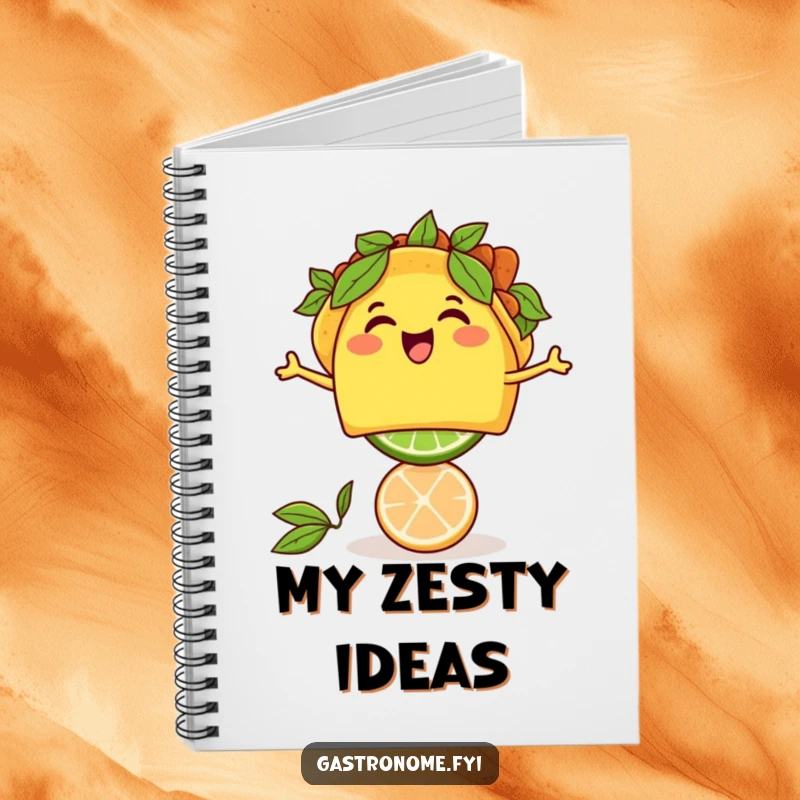 Funny thrilled taco character balancing a lime on a notebook cover, inspiring zesty and humorous note-taking.