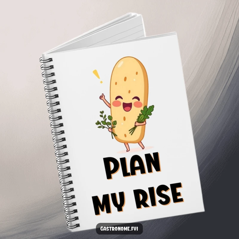 Funny excited baguette notebook, a journal with a bread character holding herbs, perfect for humorous note-taking and creative ideas.