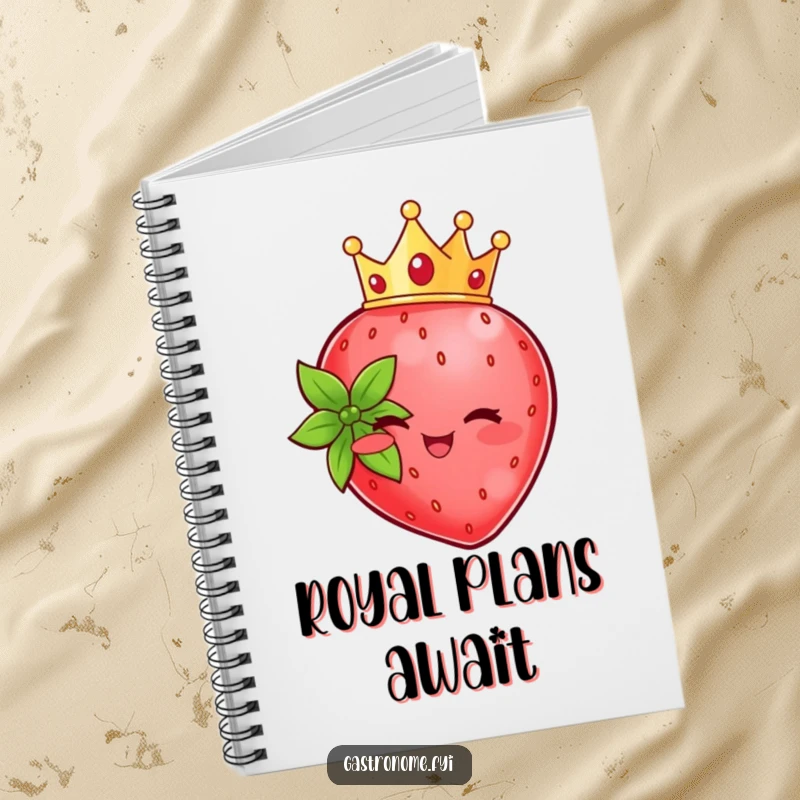 Funny beaming strawberry character with a tiny crown on a notebook cover, inspiring sweet and regal note-taking.