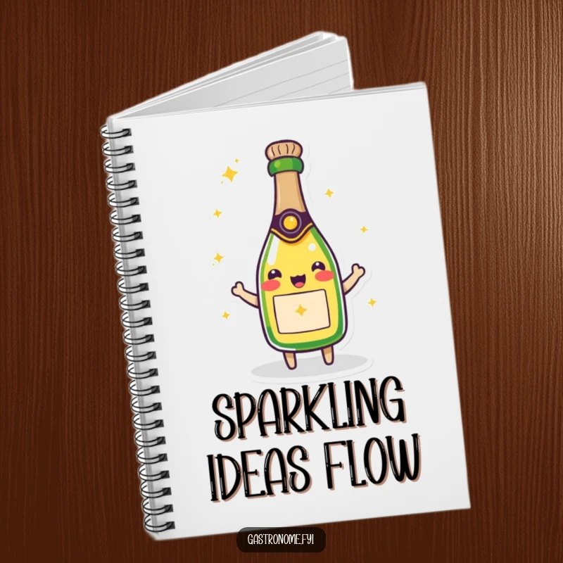 Funny notebook cover with a beaming champagne bottle character, encouraging users to jot down ideas with effervescent joy and humor.