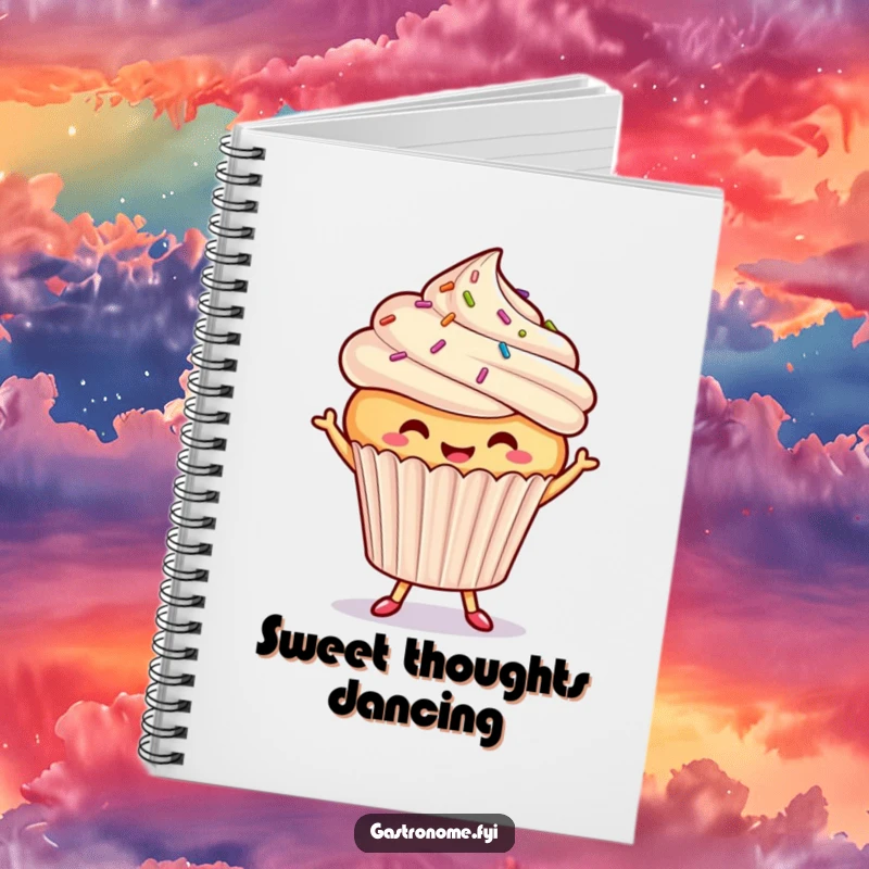 Funny dancing cupcake notebook, a smiling cupcake with sprinkles doing a joyful dance, ideal for capturing sweet ideas and thoughts.