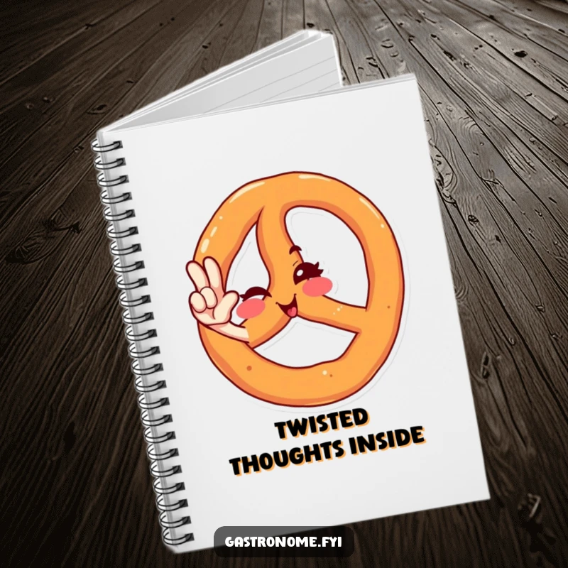 Funny notebook cover with a winking pretzel character performing a stylish salute, inspiring creativity and laughter for note-taking.