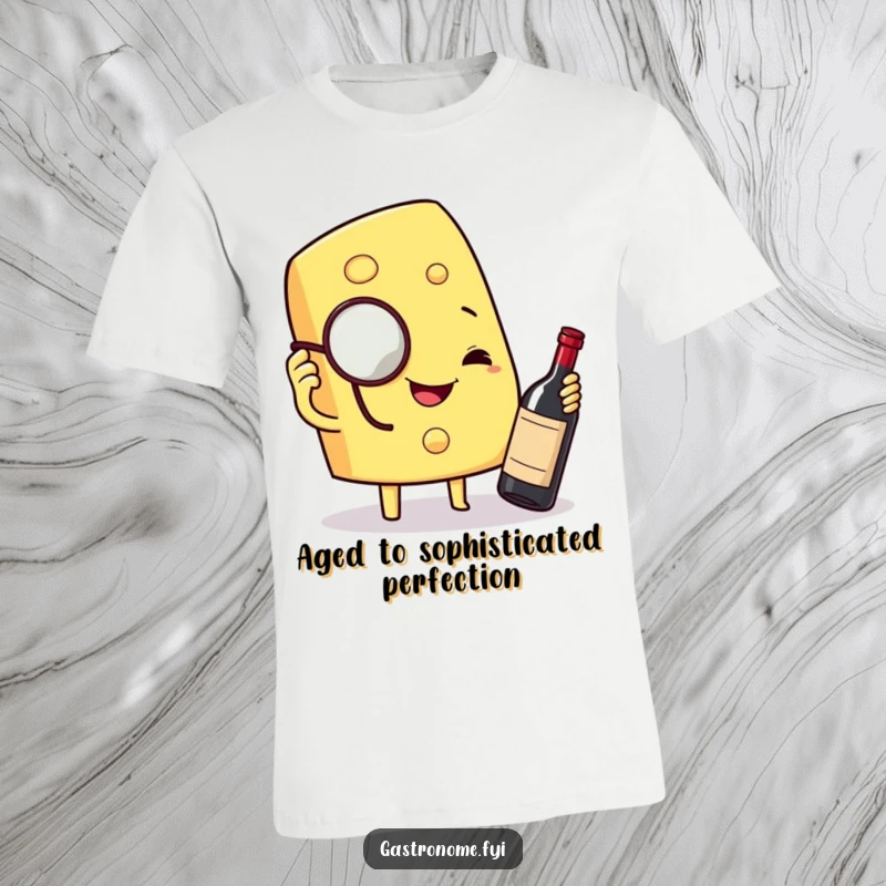 Funny t-shirt showcasing a smiling cheese wedge character with a monocle, inspecting a miniature wine bottle with glee.
