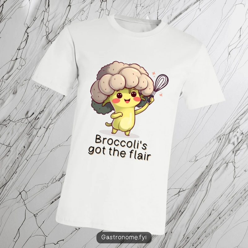 Funny t-shirt featuring a happy broccoli character doing a dramatic whisk flourish, a true kitchen performer.