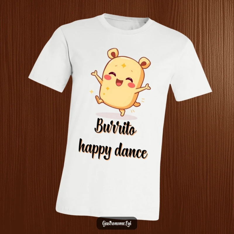 Funny t-shirt featuring a happy burrito character in a lively dance pose, expressing pure joy and deliciousness.