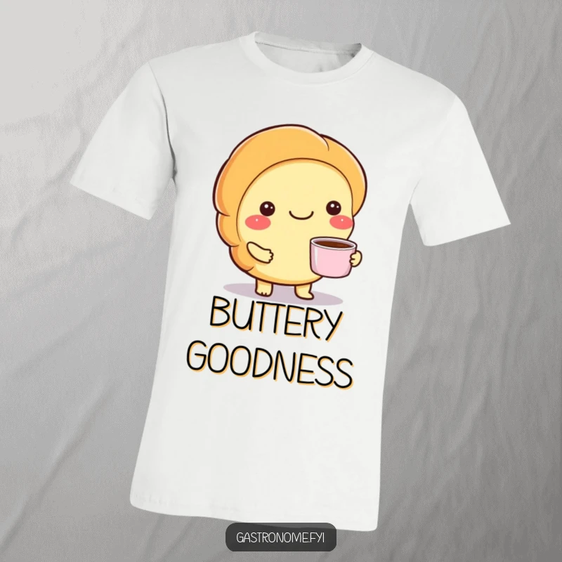 Funny t-shirt showcasing a happy croissant character offering a tiny cup of coffee with a warm, inviting smile.