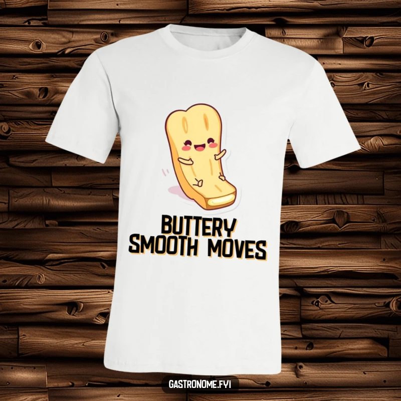 Funny T-Shirt depicting a smiling baguette character excitedly sliding down a pat of butter. Playful and humorous food apparel.