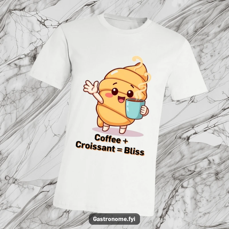 Funny t-shirt featuring a cheerful croissant character gesturing towards a steaming cup, celebrating breakfast bliss.