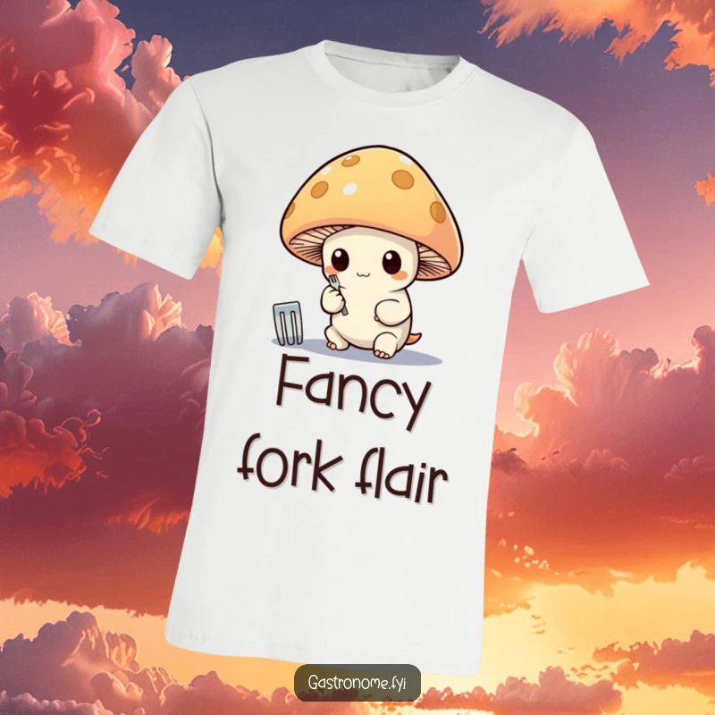 Funny t-shirt showcasing a whimsical mushroom character intently polishing a tiny silver fork with a serious expression.